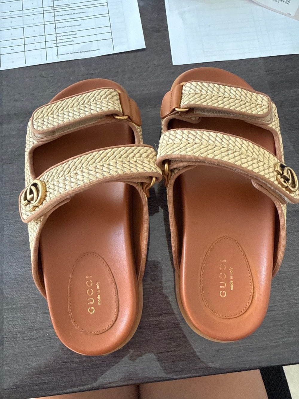 Raffia Leather Double Strap Gucci Women's Slides